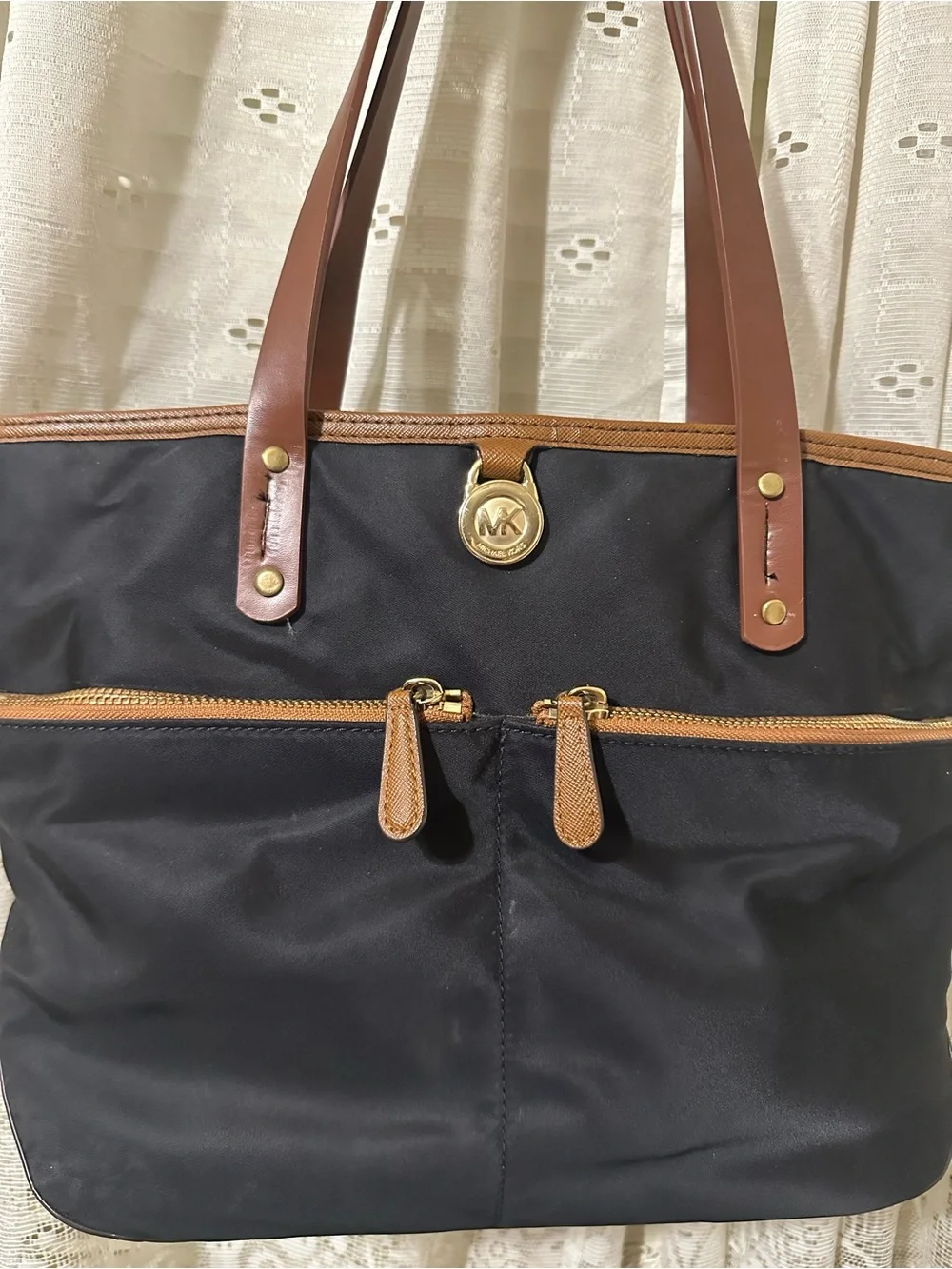 Michael Kors Black Nylon Tote with Brown Leather Trim and Gold Hardware